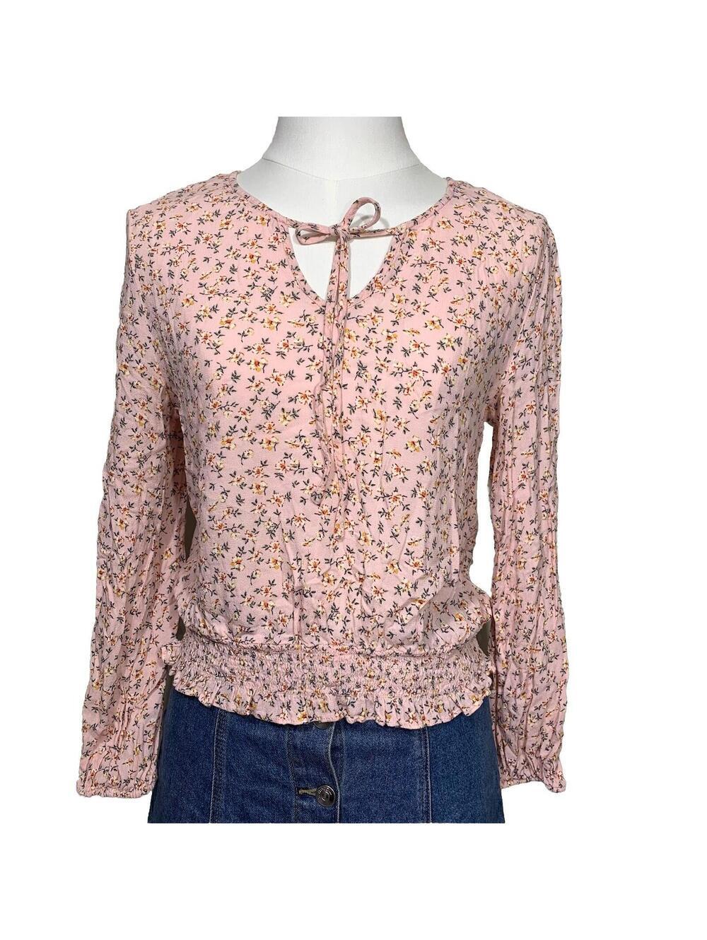 SO Floral Blouse Womens Medium Pink Smocked Waist Keyhole Tie Long Sleeve Rayon